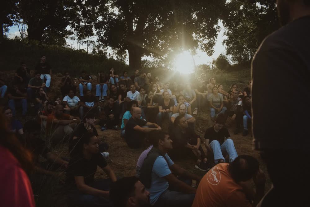 Sol entre as árvores sobre os participantes